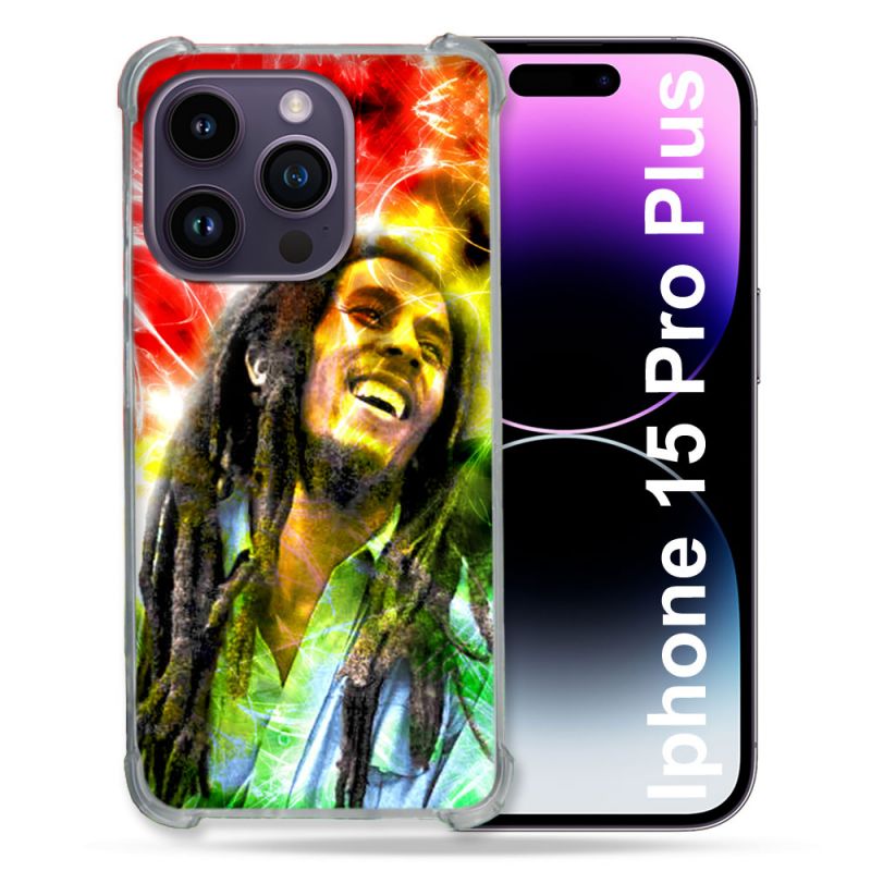 Coque Renforcée En Verre Trempé Pour Iphone 15 Pro Plus (6.7) Musique Bob Marley Color