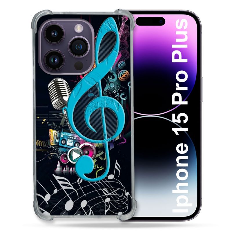 Coque Renforcée En Verre Trempé Pour Iphone 15 Pro Plus (6.7) Musique Cle Sol Bleu