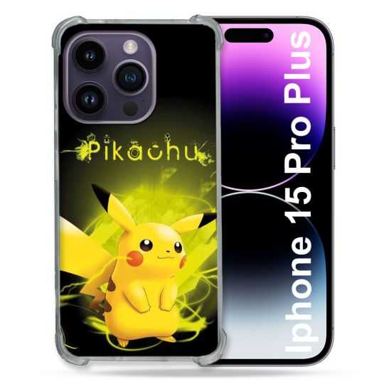 Coque Renforcée En Verre Trempé Pour Iphone 15 Pro Plus (6.7) Pokemon Pikachu Eclair