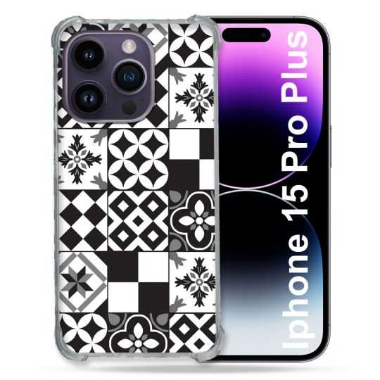 Coque Renforcée En Verre Trempé Pour Iphone 15 Pro Plus (6.7) Texture Carreau Ciment Noir