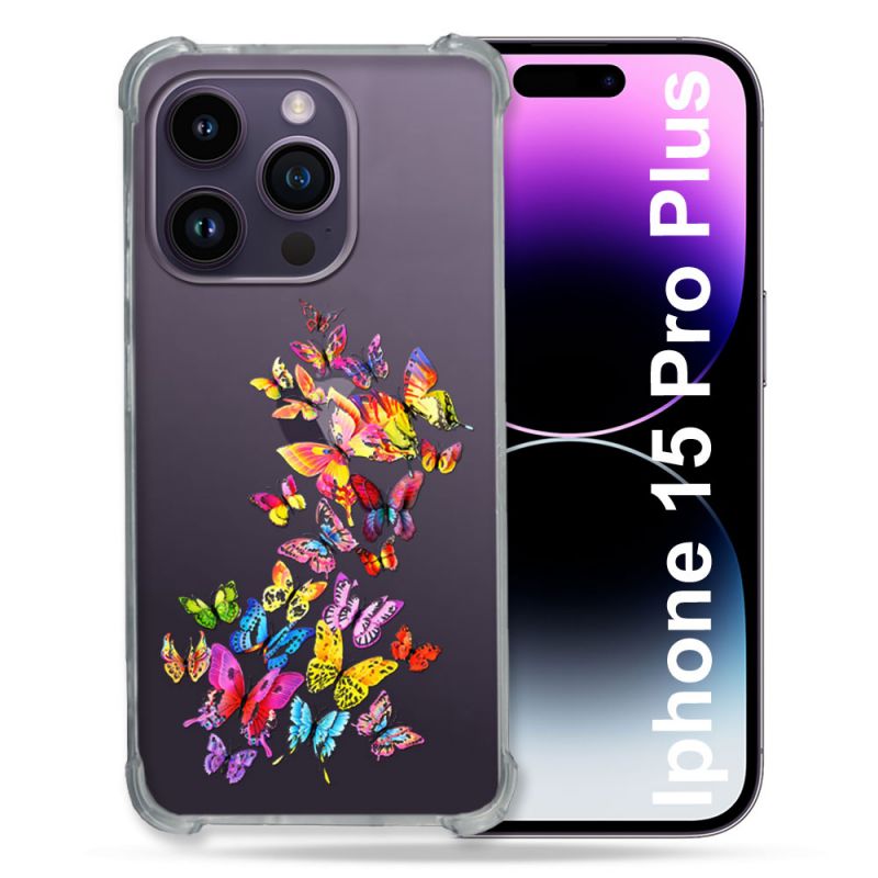 Coque Renforcée En Verre Trempé Transparente Pour Iphone 15 Pro Plus (6.7) Papillon Multicolore