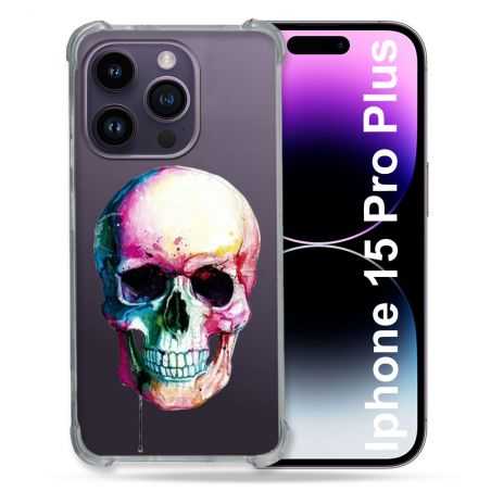 Coque Renforcée En Verre Trempé Transparente Pour Iphone 15 Pro Plus (6.7) Skull Head Crane Colore