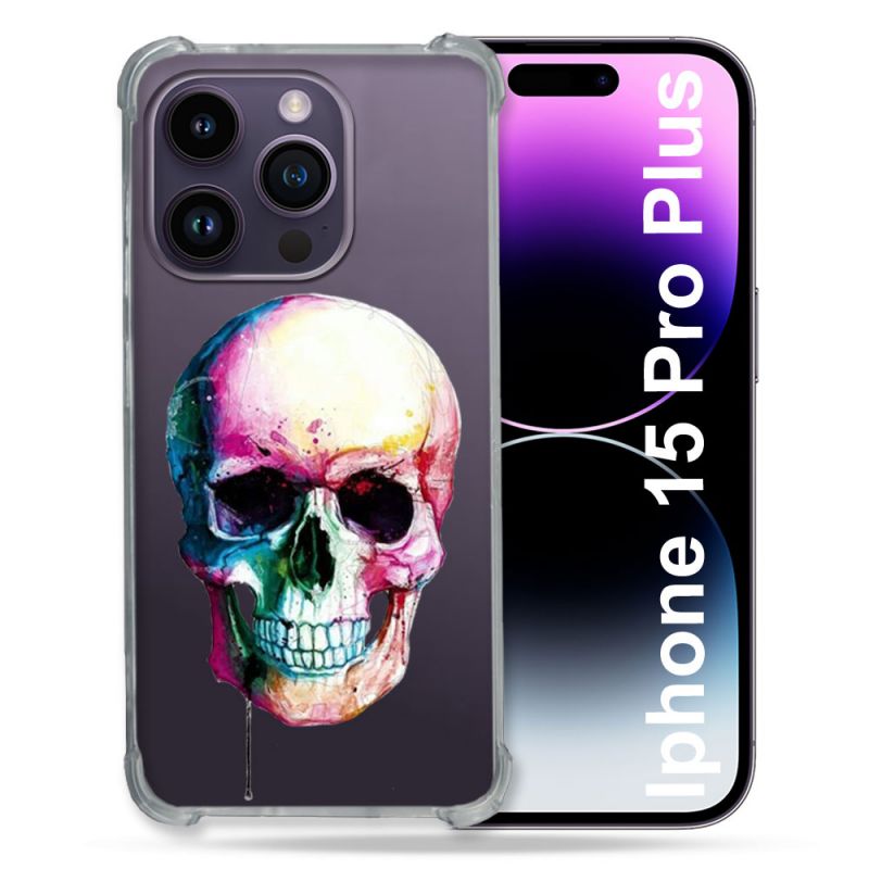Coque Renforcée En Verre Trempé Transparente Pour Iphone 15 Pro Plus (6.7) Skull Head Crane Colore