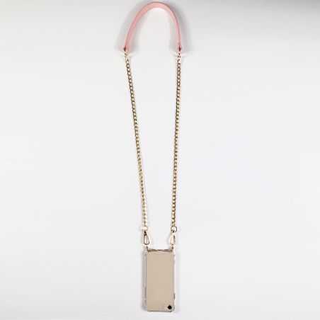 Coque Renforcée En Verre Trempé Transparente Pour Iphone 15 Pro Plus (6.7) Lanière / Cordon Chaine et Cuir Rose