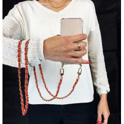 Coque Renforcée En Verre Trempé Transparente Pour Iphone 15 Pro Plus (6.7) Lanière / Cordon Chaine suspendue Rouge