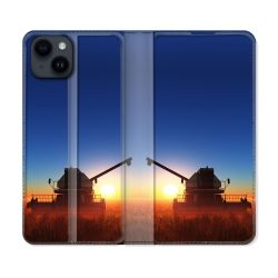 Housse Cuir Portefeuille Pour Iphone 15 (6,1) Agriculture Moissonneuse Soleil