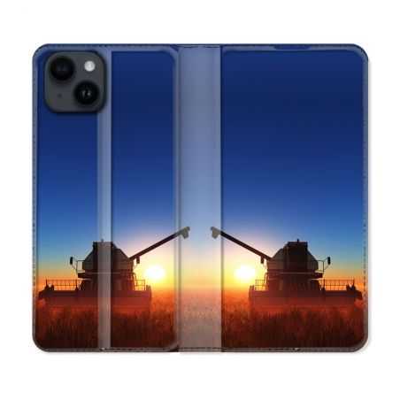 Housse Cuir Portefeuille Pour Iphone 15 (6,1) Agriculture Moissonneuse Soleil