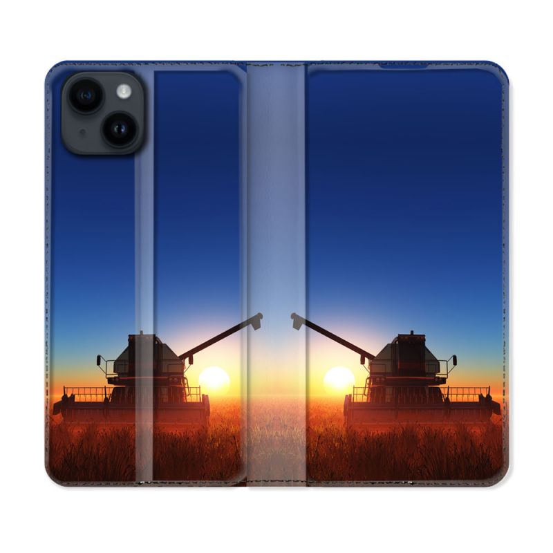 Housse Cuir Portefeuille Pour Iphone 15 (6,1) Agriculture Moissonneuse Soleil
