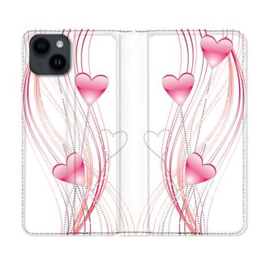 Housse Cuir Portefeuille Pour Iphone 15 (6,1) Amour Coeur Rose Montant sur Blanc