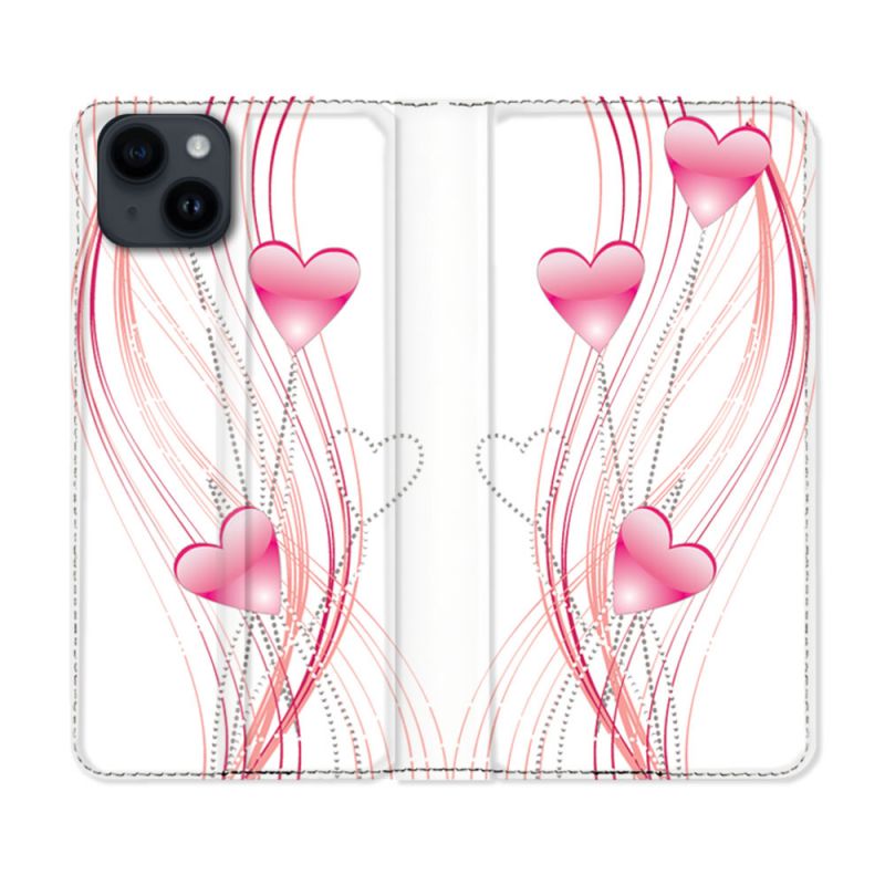 Housse Cuir Portefeuille Pour Iphone 15 (6,1) Amour Coeur Rose Montant sur Blanc