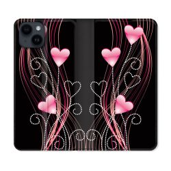 Housse Cuir Portefeuille Pour Iphone 15 (6,1) Amour Coeur Rose Montant sur Noir