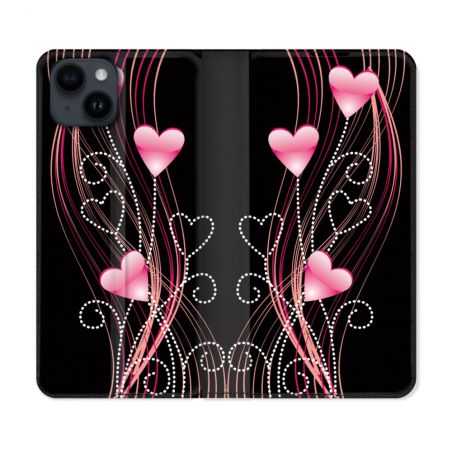 Housse Cuir Portefeuille Pour Iphone 15 (6,1) Amour Coeur Rose Montant sur Noir
