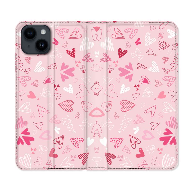 Housse Cuir Portefeuille Pour Iphone 15 (6,1) Amour Ptis Coeurs