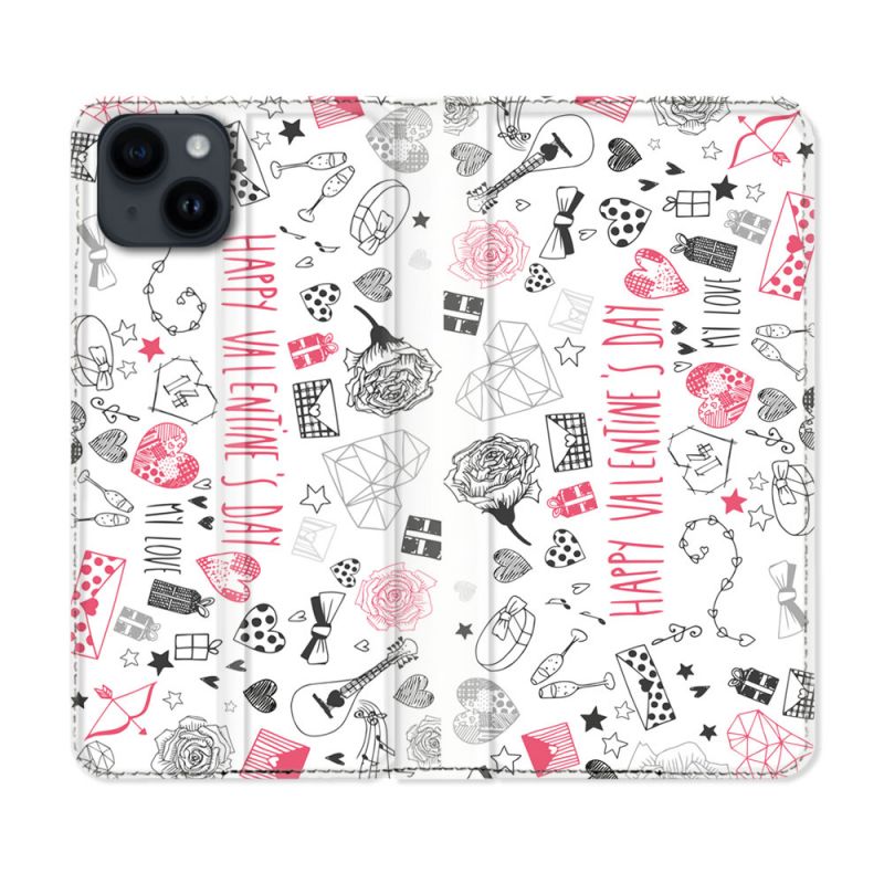 Housse Cuir Portefeuille Pour Iphone 15 (6,1) Amour Valentines