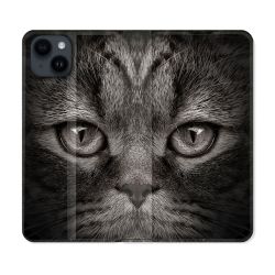 Housse Cuir Portefeuille Pour Iphone 15 (6,1) Animal Chat Gris