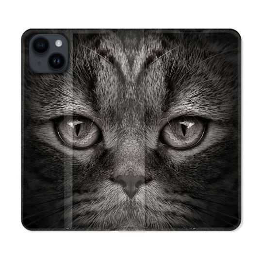 Housse Cuir Portefeuille Pour Iphone 15 (6,1) Animal Chat Gris
