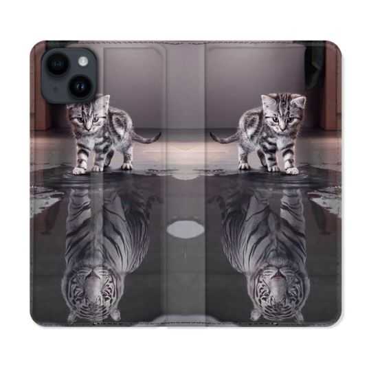 Housse Cuir Portefeuille Pour Iphone 15 (6,1) Animal Chat Reflet