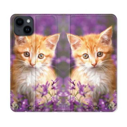 Housse Cuir Portefeuille Pour Iphone 15 (6,1) Animal Chat Violet
