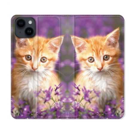 Housse Cuir Portefeuille Pour Iphone 15 (6,1) Animal Chat Violet