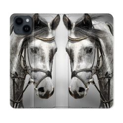 Housse Cuir Portefeuille Pour Iphone 15 (6,1) Animal Cheval Blanc