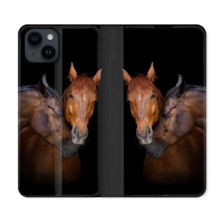 Housse Cuir Portefeuille Pour Iphone 15 (6,1) Animal Cheval Marron