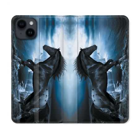 Housse Cuir Portefeuille Pour Iphone 15 (6,1) Animal Cheval Noir