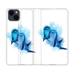 Housse Cuir Portefeuille Pour Iphone 15 (6,1) Animal Dauphin Duo