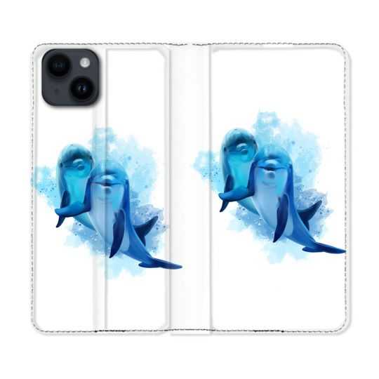 Housse Cuir Portefeuille Pour Iphone 15 (6,1) Animal Dauphin Duo