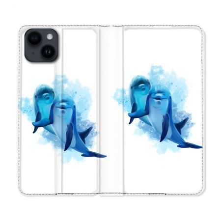 Housse Cuir Portefeuille Pour Iphone 15 (6,1) Animal Dauphin Duo