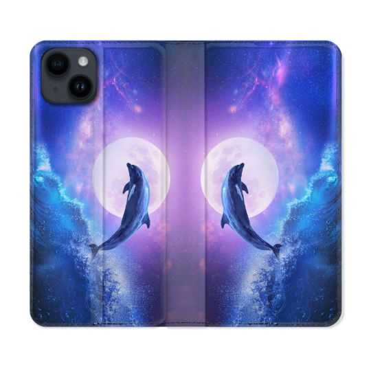Housse Cuir Portefeuille Pour Iphone 15 (6,1) Animal Dauphin Vague