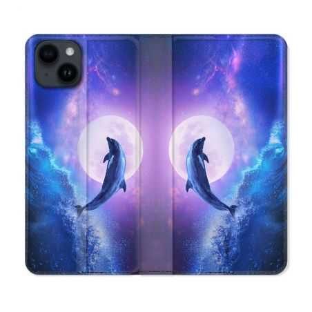 Housse Cuir Portefeuille Pour Iphone 15 (6,1) Animal Dauphin Vague