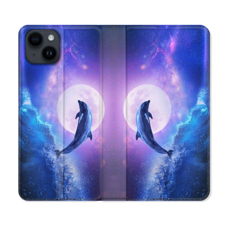 Housse Cuir Portefeuille Pour Iphone 15 (6,1) Animal Dauphin Vague