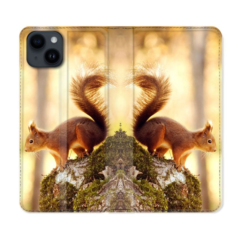 Housse Cuir Portefeuille Pour Iphone 15 (6,1) Animal Ecureuil Bois