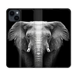 Housse Cuir Portefeuille Pour Iphone 15 (6,1) Animal Elephant Noir