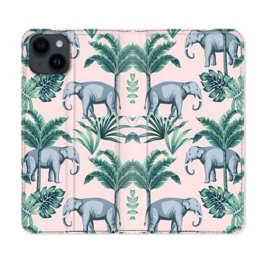 Housse Cuir Portefeuille Pour Iphone 15 (6,1) Animal Elephant Pattern