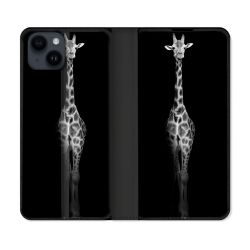 Housse Cuir Portefeuille Pour Iphone 15 (6,1) Animal Girafe Noire