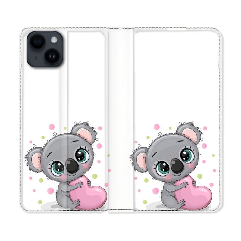 Housse Cuir Portefeuille Pour Iphone 15 (6,1) Animal Koala Cœur