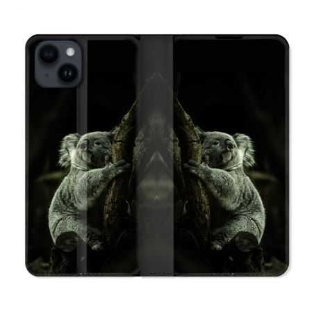 Housse Cuir Portefeuille Pour Iphone 15 (6,1) Animal Koala Noir