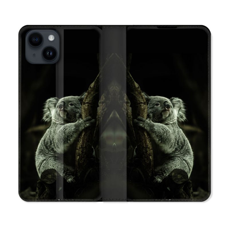Housse Cuir Portefeuille Pour Iphone 15 (6,1) Animal Koala Noir