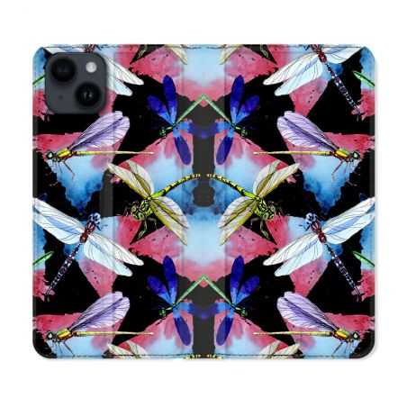 Housse Cuir Portefeuille Pour Iphone 15 (6,1) Animal Libellule