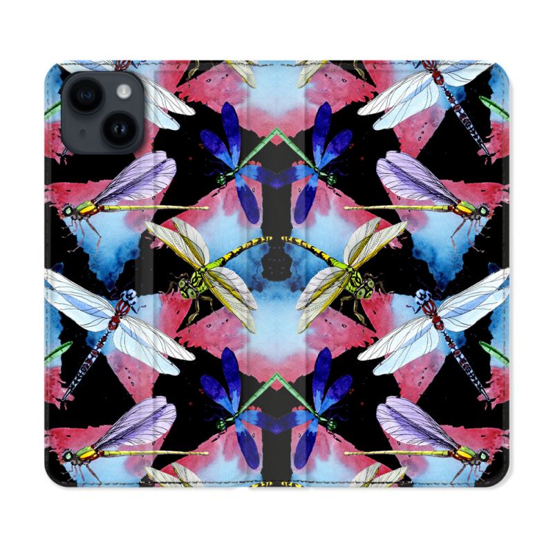 Housse Cuir Portefeuille Pour Iphone 15 (6,1) Animal Libellule