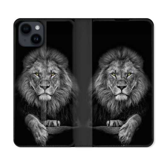 Housse Cuir Portefeuille Pour Iphone 15 (6,1) Animal Lion Majestueux