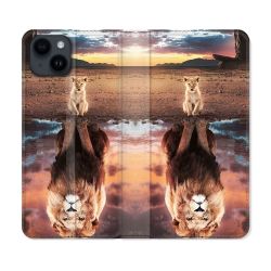 Housse Cuir Portefeuille Pour Iphone 15 (6,1) Animal Lion Reflet