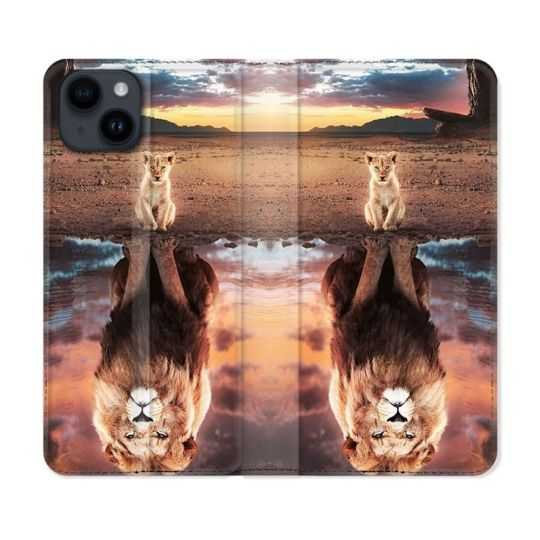 Housse Cuir Portefeuille Pour Iphone 15 (6,1) Animal Lion Reflet