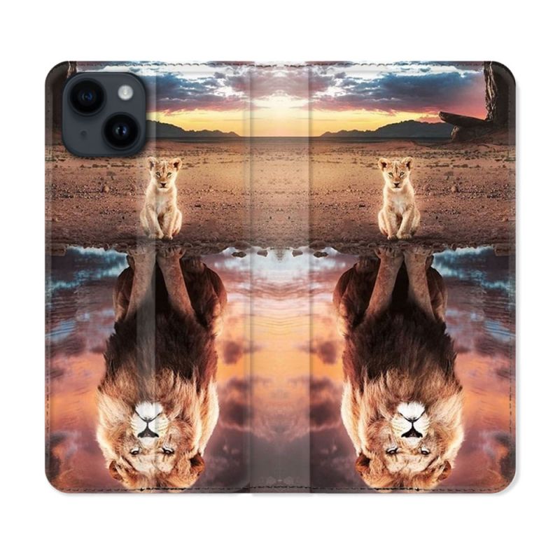 Housse Cuir Portefeuille Pour Iphone 15 (6,1) Animal Lion Reflet