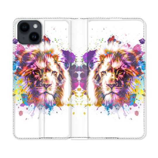 Housse Cuir Portefeuille Pour Iphone 15 (6,1) Animal Lion Tag