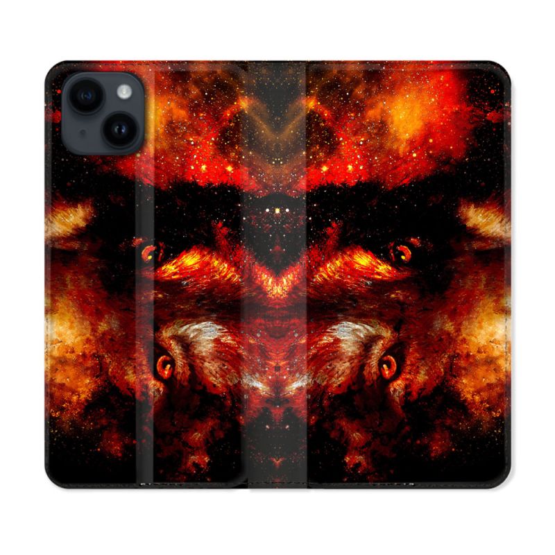 Housse Cuir Portefeuille Pour Iphone 15 (6,1) Animal Loup Espace