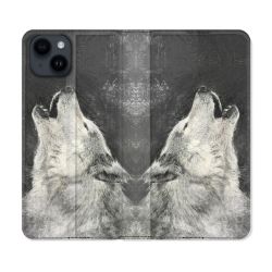 Housse Cuir Portefeuille Pour Iphone 15 (6,1) Animal Loup Hurlement
