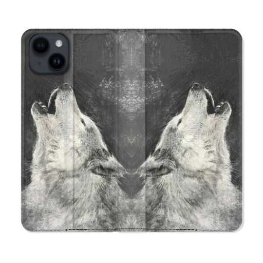 Housse Cuir Portefeuille Pour Iphone 15 (6,1) Animal Loup Hurlement