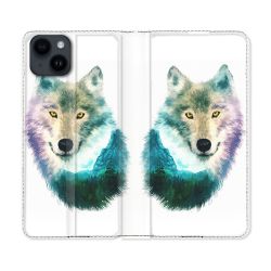 Housse Cuir Portefeuille Pour Iphone 15 (6,1) Animal Loup Montagne